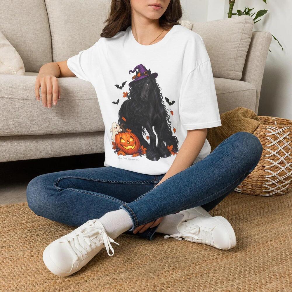 Black Friesian Horse Adult T-Shirt Halloween Pumpkin Bats